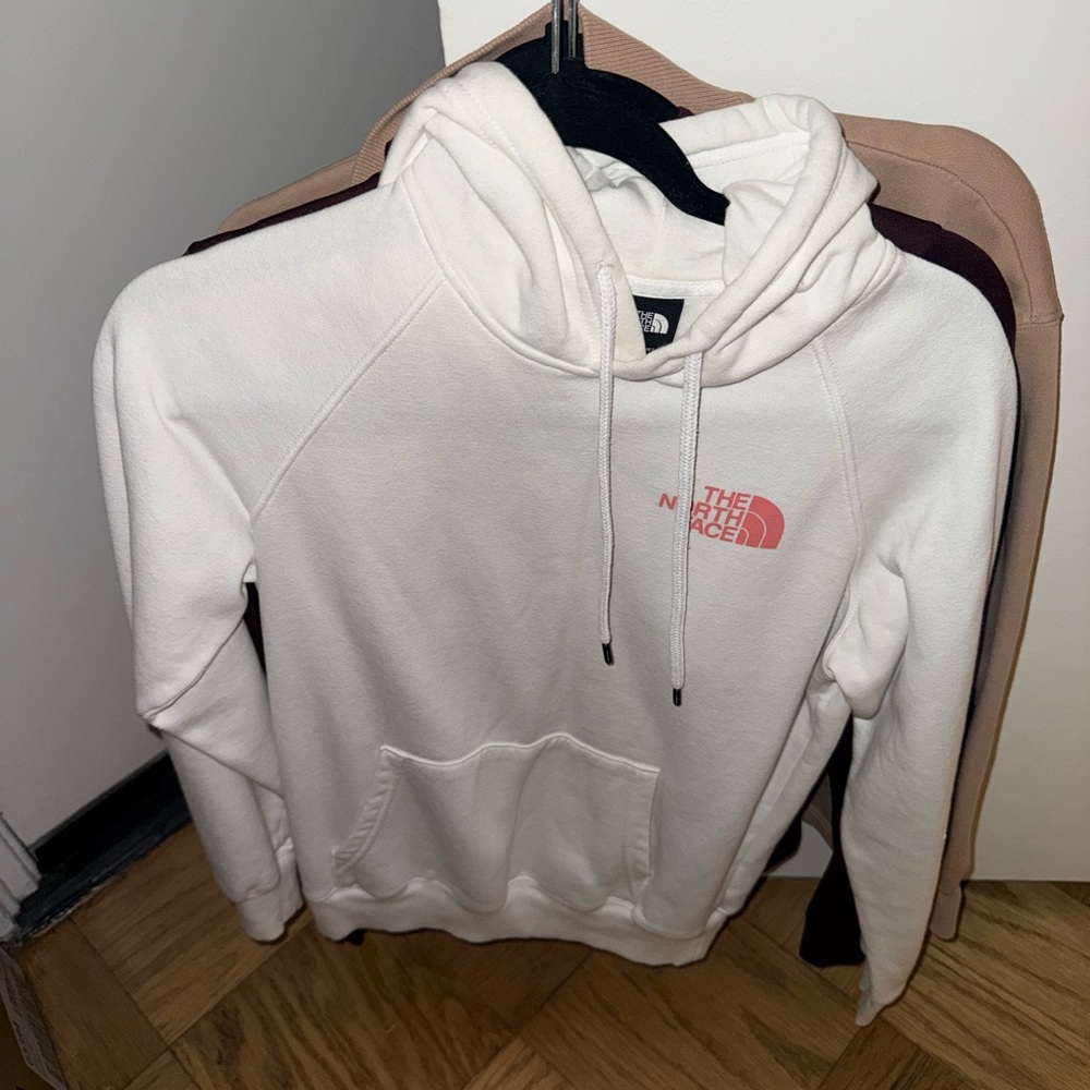 The North Face White Hoodie with Pink Logo Accent